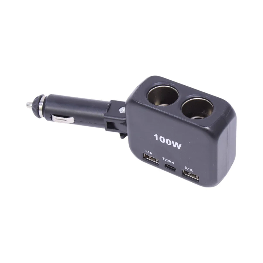 100W Dual Socket & USB Car Charger with Type-C and Blue LED – 3.1A Output, 12V-24V