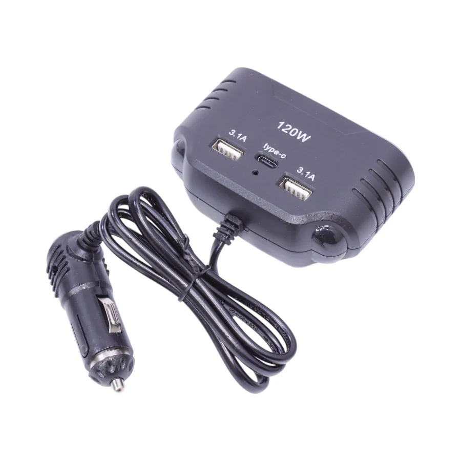 120W In-Car Charger with 3 Sockets, Dual USB & Type-C – 12V/24V Output, 3.1A Max
