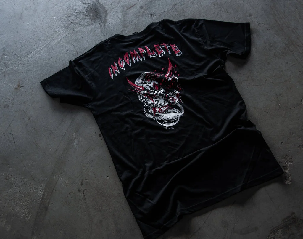 Incompletegl Unisex Oni Mask - T-Shirt- Black - 180 GSM (Size S, M, L, XL, XXL)
