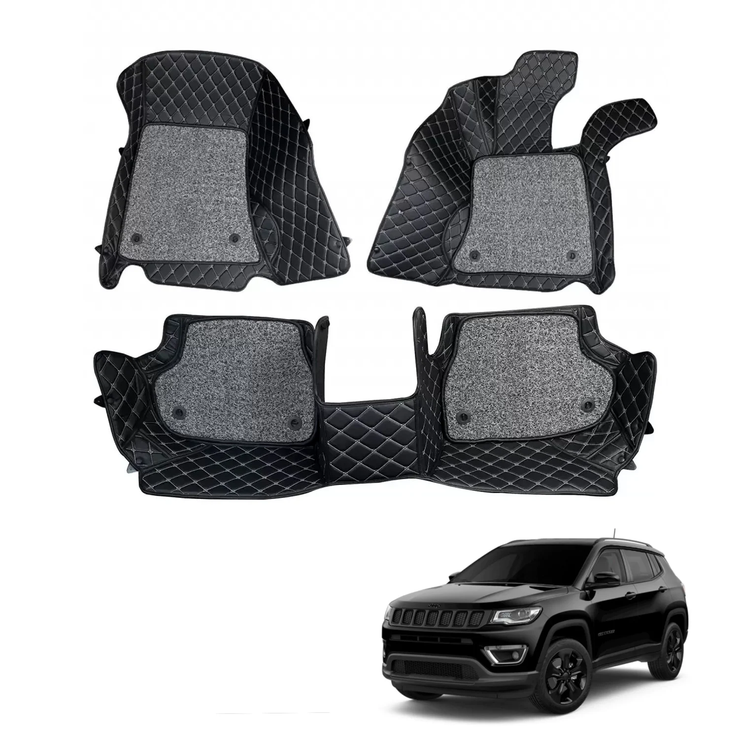 Jeep Compass Premium Diamond Pattern 7D Car Floor Mats (Set of 3, Black and Beige)