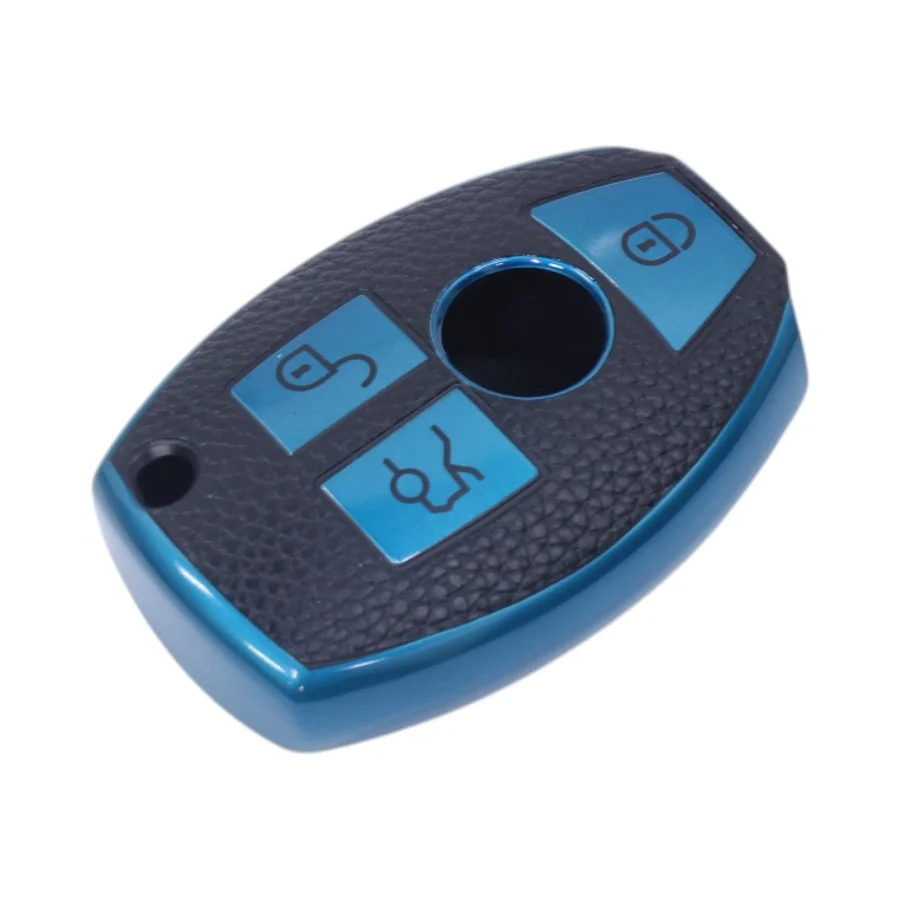 TPU & Leather Finish Key Cover For Mercedes-Benz – Design 1 – Blue (XEA-KCMC1B)