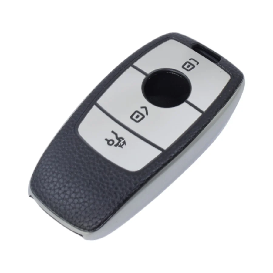 TPU & Leather Finish Key Cover For Mercedes-Benz – Design 2 – Silver (XEA-KCMC2S)